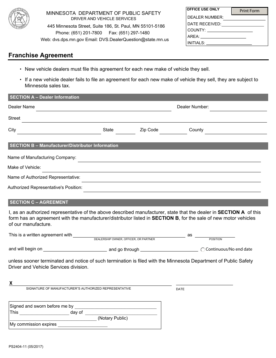Form PS2404-11 Franchise Agreement - Minnesota, Page 1