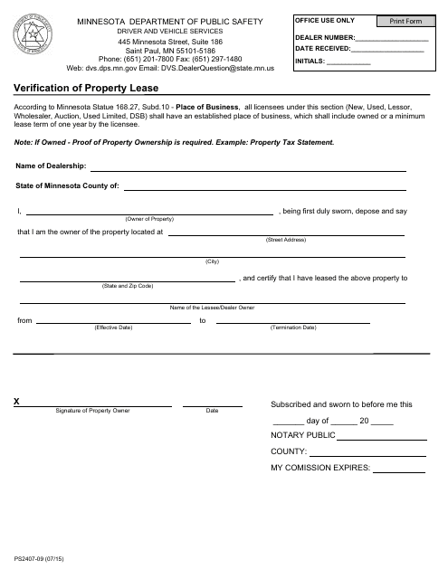 Form PS2407-09 Verification of Property Lease - Minnesota