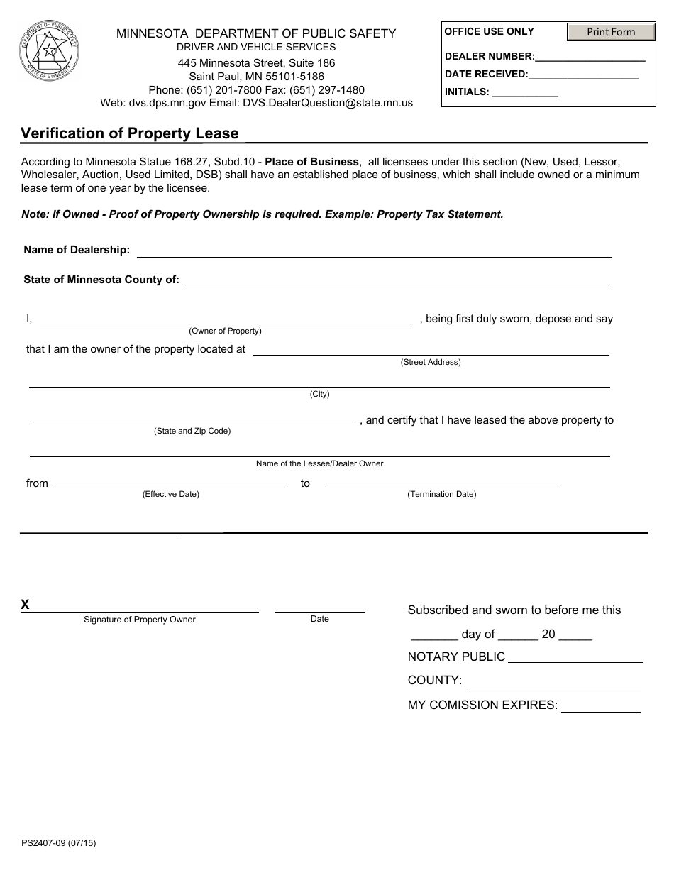 Form PS2407-09 Verification of Property Lease - Minnesota, Page 1