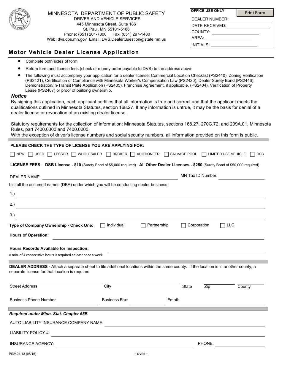 Form PS2401-13 Motor Vehicle Dealer License Application - Minnesota, Page 1