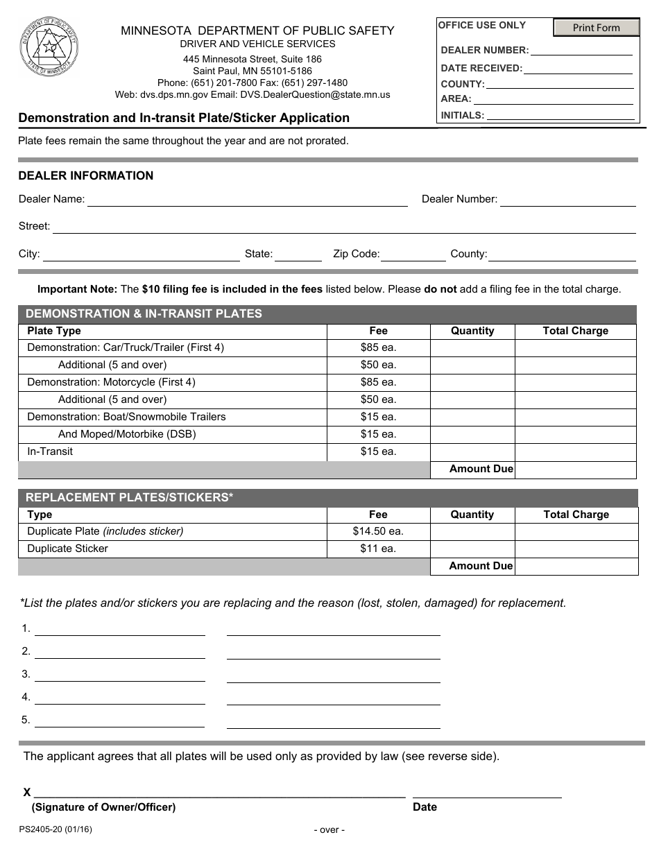 Form PS2405-20 Demonstration and in-Transit Plate / Sticker Application - Minnesota, Page 1