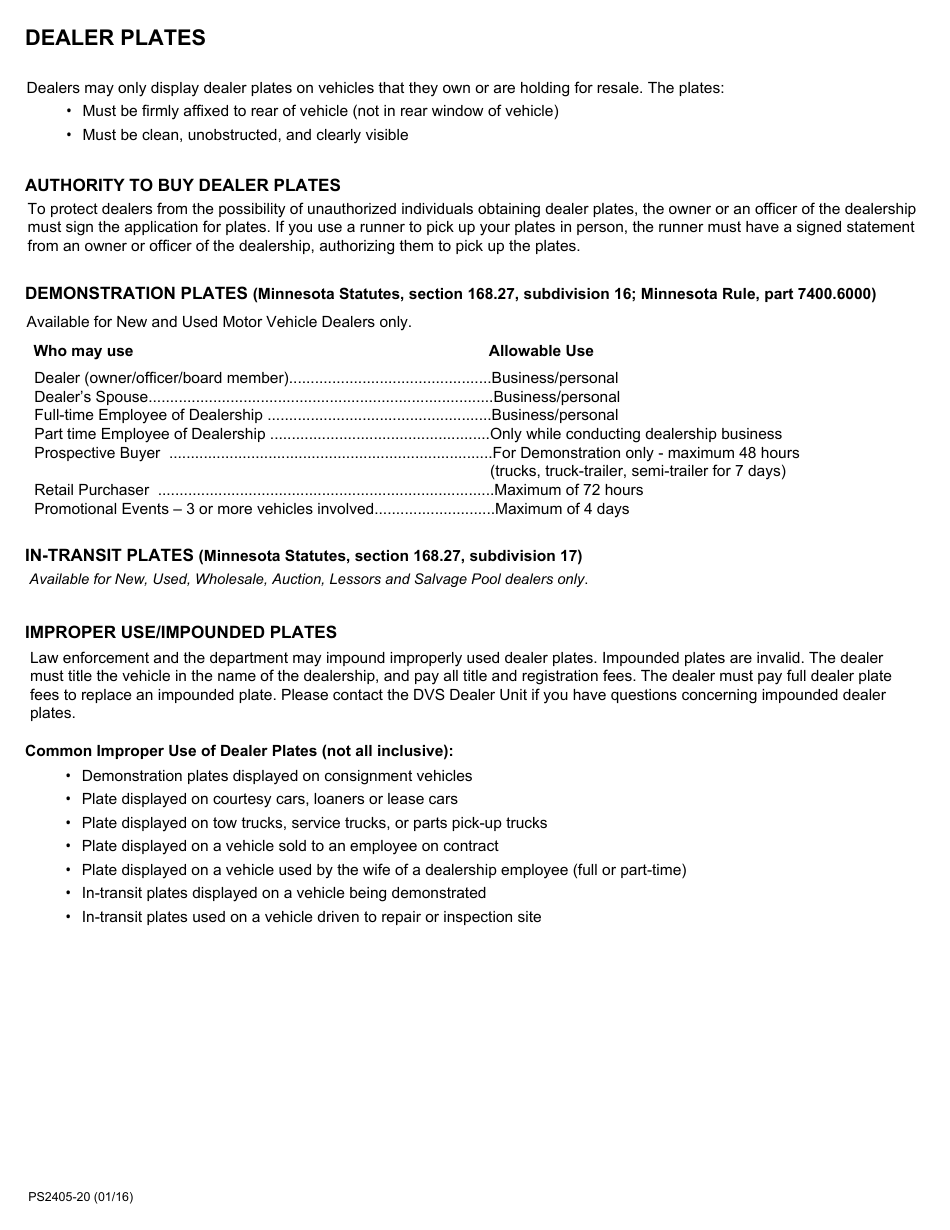 Form PS2405-20 Demonstration and in-Transit Plate / Sticker Application - Minnesota, Page 2