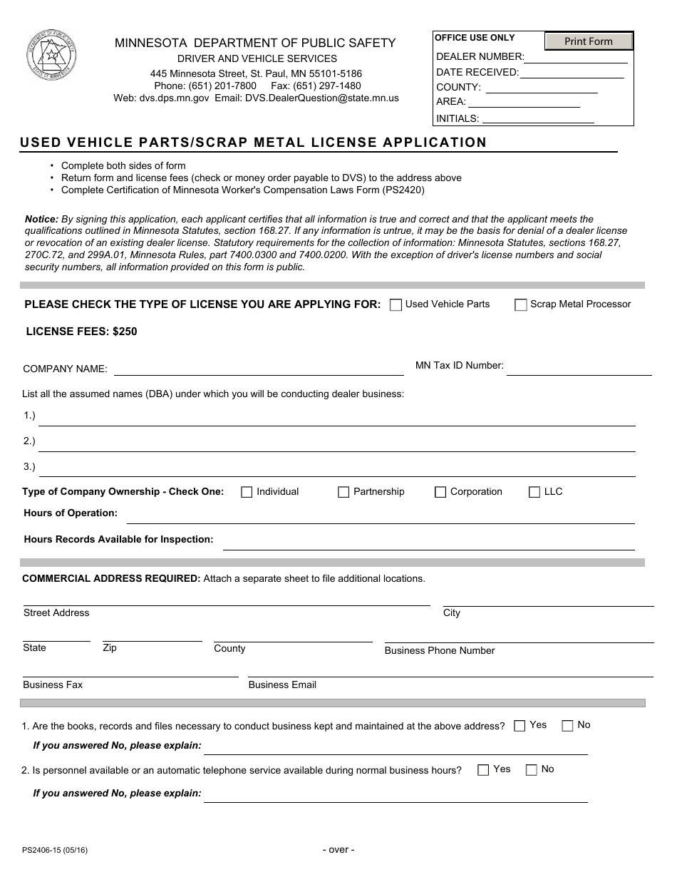 Form PS2406-15 Used Vehicle Parts / Scrap Metal License Application - Minnesota, Page 1