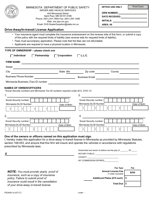 Form PS2408-14 Drive-Away/In-transit License Application - Minnesota