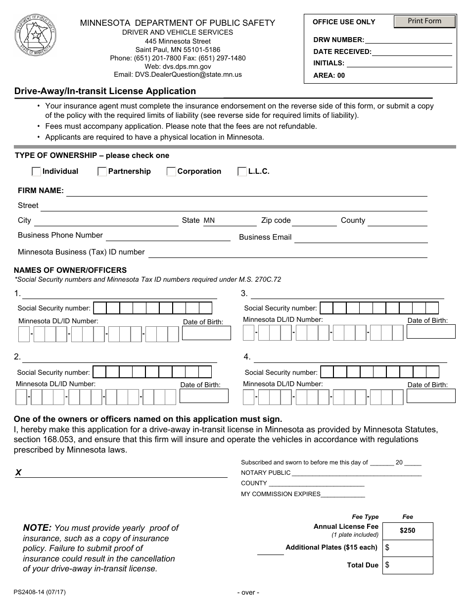 Form PS2408-14 Drive-Away / In-transit License Application - Minnesota, Page 1