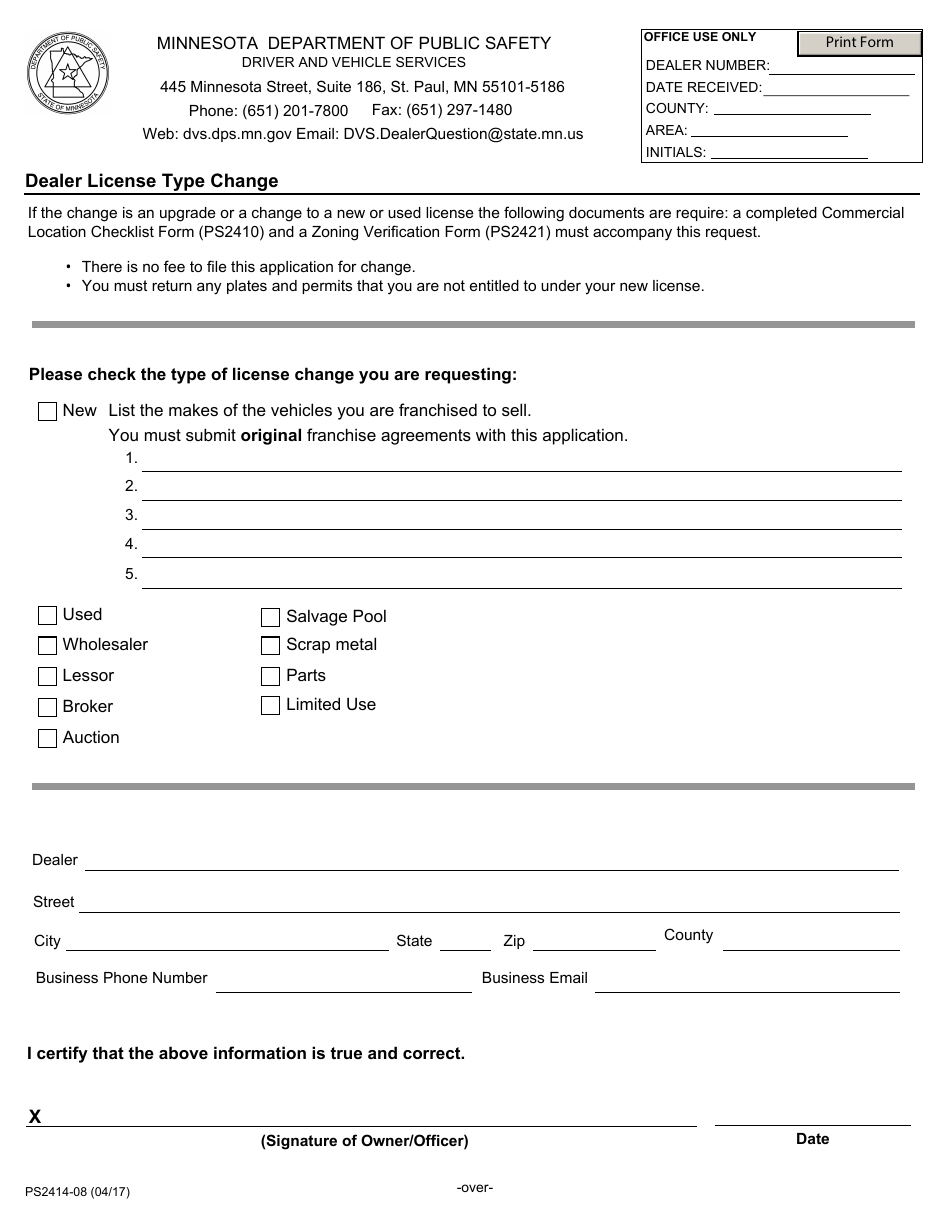 Form PS2414-08 Dealer License Type Change - Minnesota, Page 1