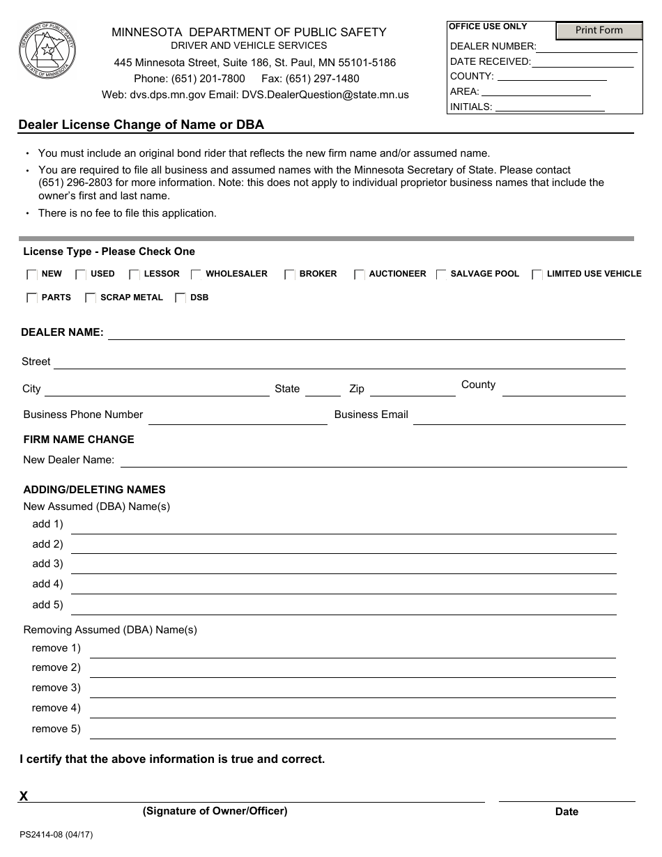 Form PS2414-08 Dealer License Type Change - Minnesota, Page 2