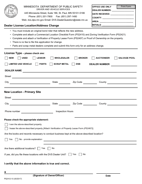 Form PS2412-10 Dealer License Location/Address Change - Minnesota