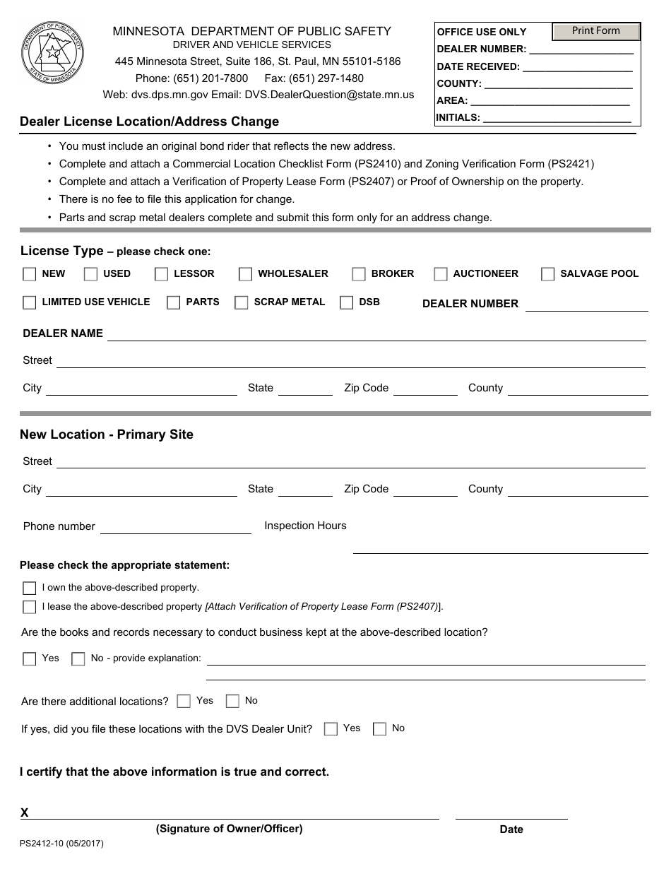 Form PS2412-10 Dealer License Location / Address Change - Minnesota, Page 1