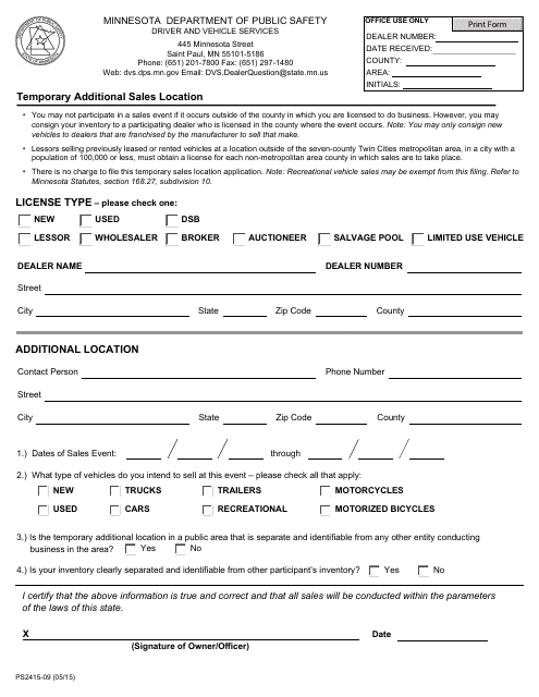 Form PS2415-09 Temporary Additional Sales Location - Minnesota