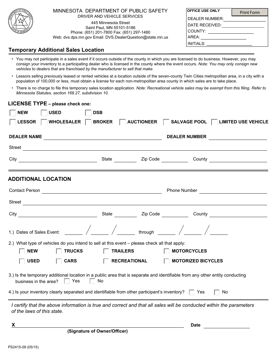 Form PS2415-09 Temporary Additional Sales Location - Minnesota, Page 1