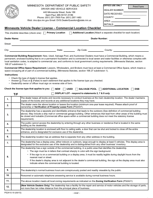 Form PS2410-19 Minnesota Vehicle Dealer License - Commercial Location Checklist - Minnesota