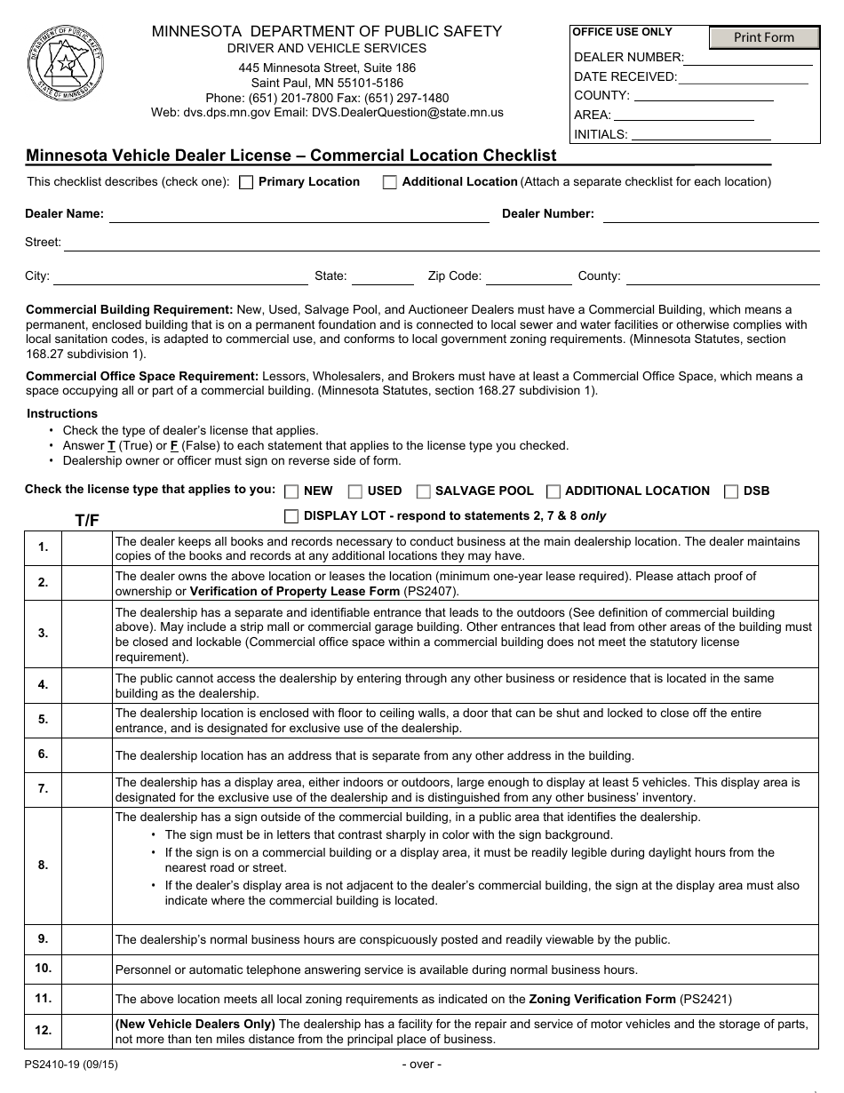 Form PS2410-19 Minnesota Vehicle Dealer License - Commercial Location Checklist - Minnesota, Page 1