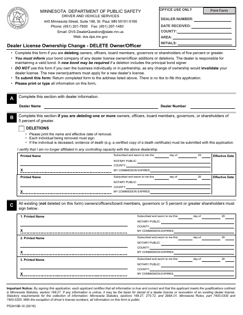 Form PS2416B-10 Dealer License Ownership Change - Delete Owner/Officer - Minnesota