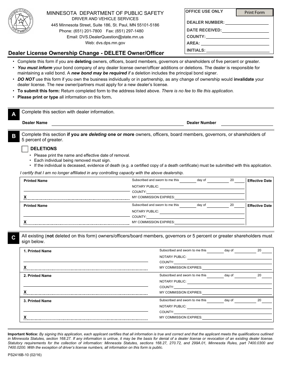 Form PS2416B-10 Dealer License Ownership Change - Delete Owner / Officer - Minnesota, Page 1