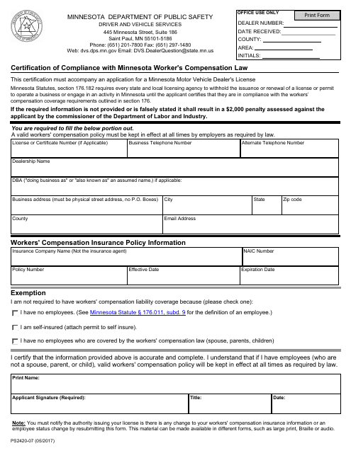 Form PS2420-07 Certification of Compliance With Minnesota Worker's Compensation Law - Minnesota