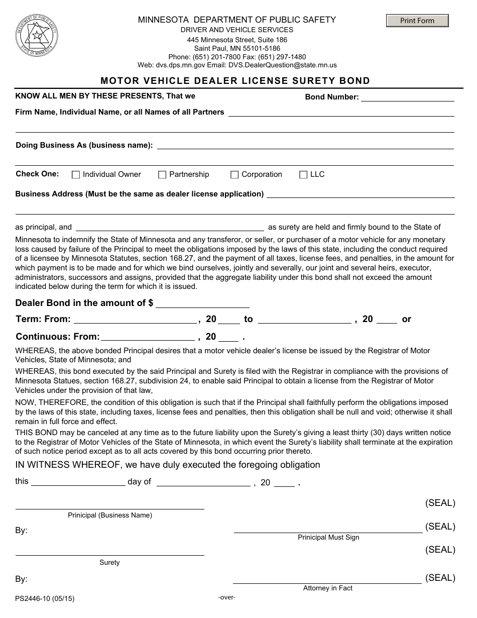 Form PS2446-10 Motor Vehicle Dealer License Surety Bond - Minnesota, Page 1