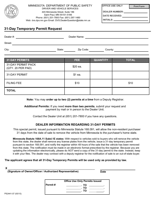 Form PS2441-07 31-day Temporary Permit Request - Minnesota