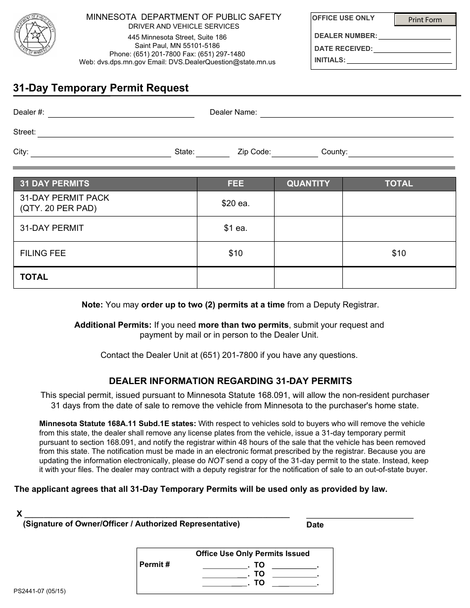 Form PS2441-07 31-day Temporary Permit Request - Minnesota, Page 1