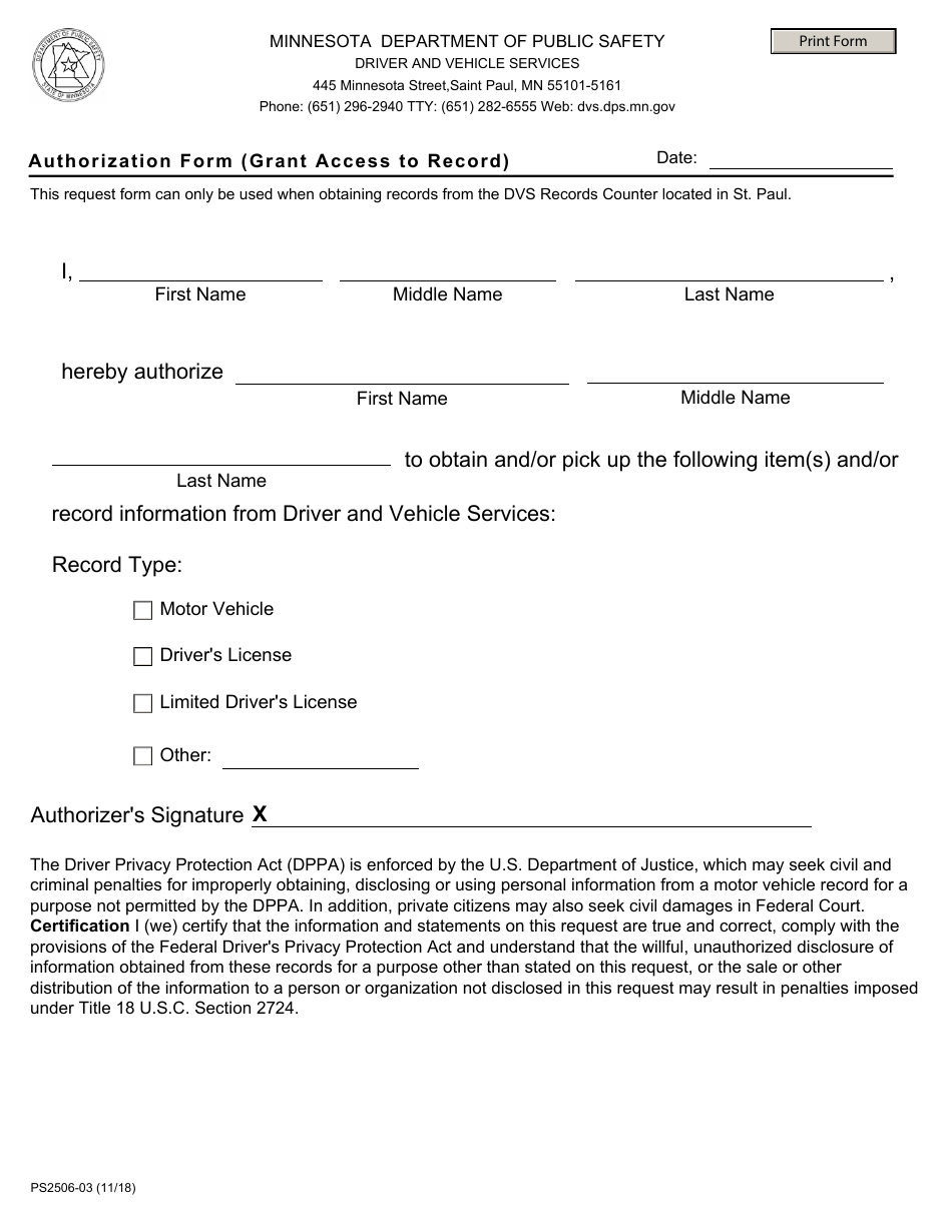 Form PS2506-03 Authorization Form (Grant Access to Record) - Minnesota, Page 1