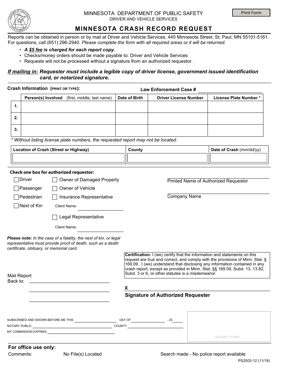 Form PS2503-12 Minnesota Crash Record Request - Minnesota, Page 1