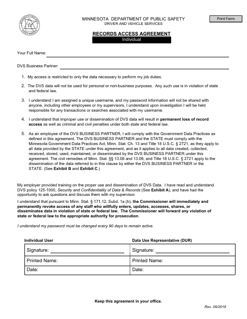 Individual Records Access Agreement Form - Minnesota Download Pdf