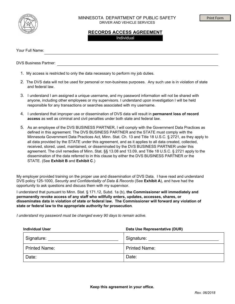 Individual Records Access Agreement Form - Minnesota, Page 1