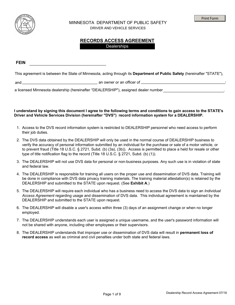 Dealership Record Access Agreement Form - Minnesota, Page 1