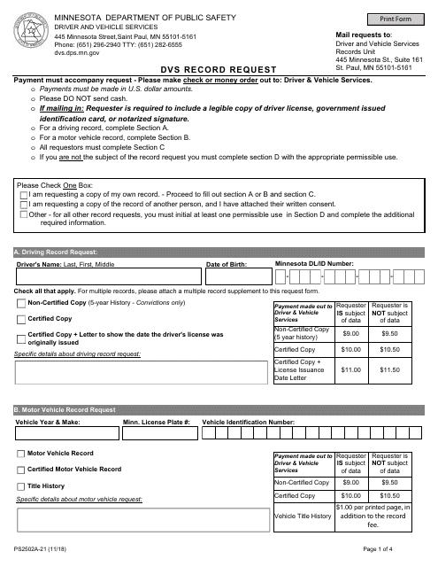 Form PS2502A-21 Dvs Record Request - Minnesota