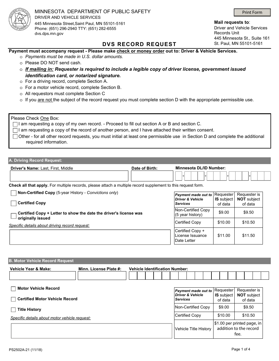 Form PS2502A-21 Dvs Record Request - Minnesota, Page 1