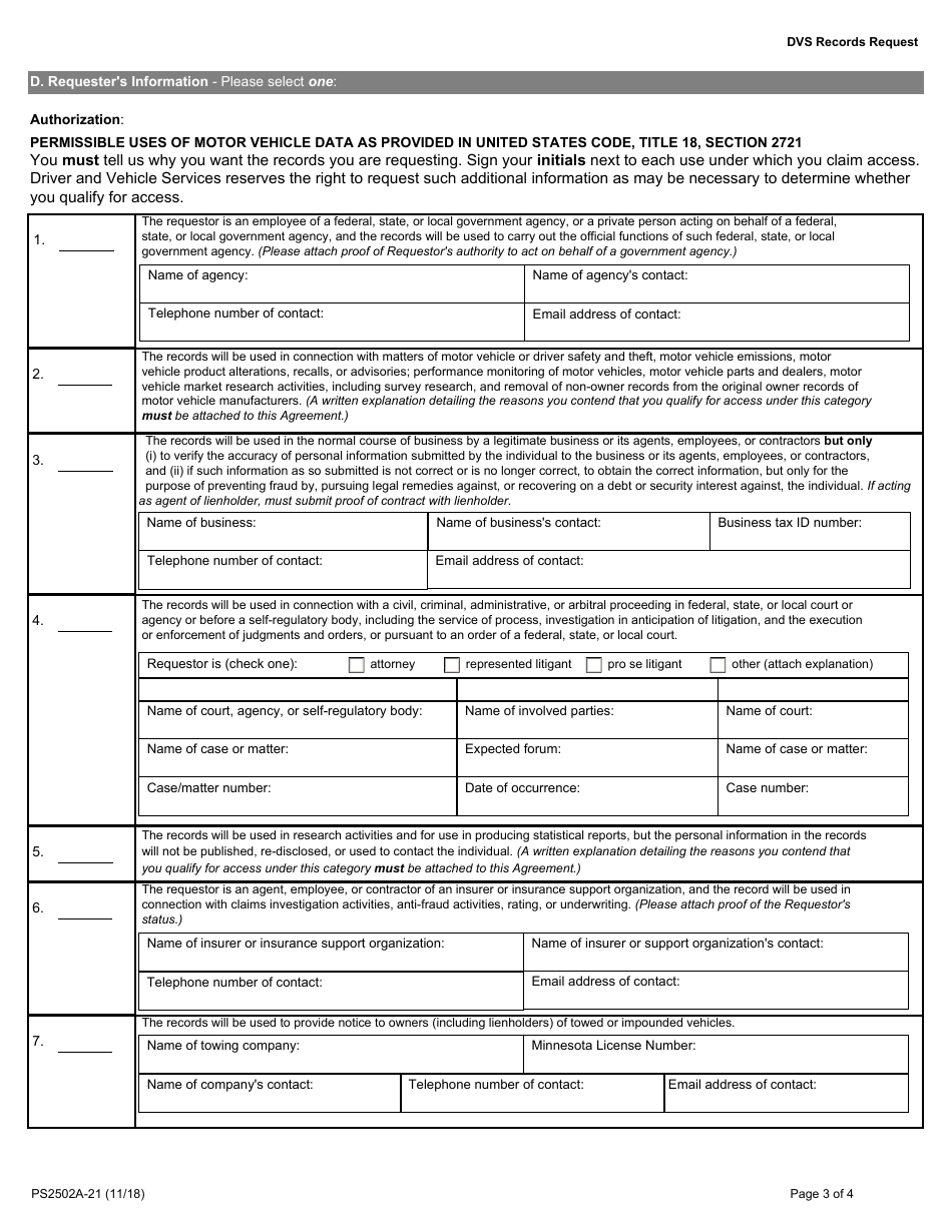 Form PS2502A-21 Dvs Record Request - Minnesota, Page 3