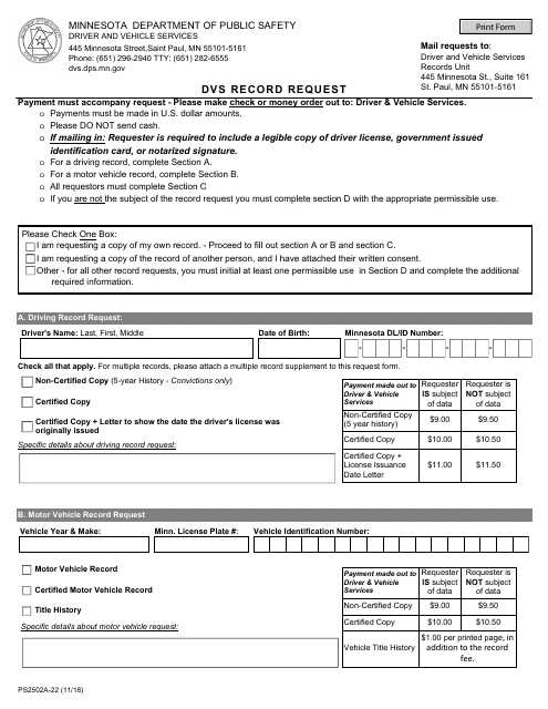 Form PS2502A-22 Dvs Record Request - Minnesota