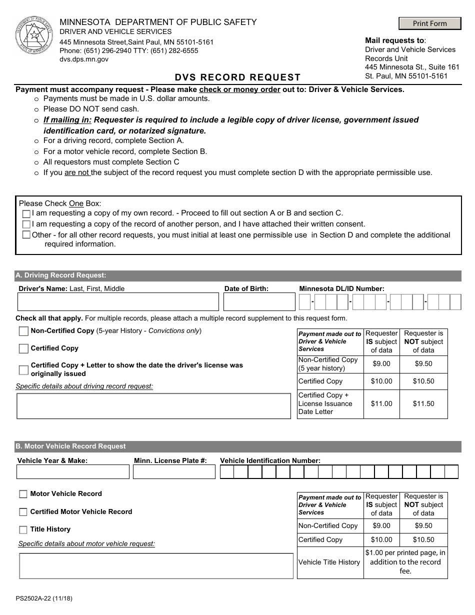 Form PS2502A-22 Dvs Record Request - Minnesota, Page 1