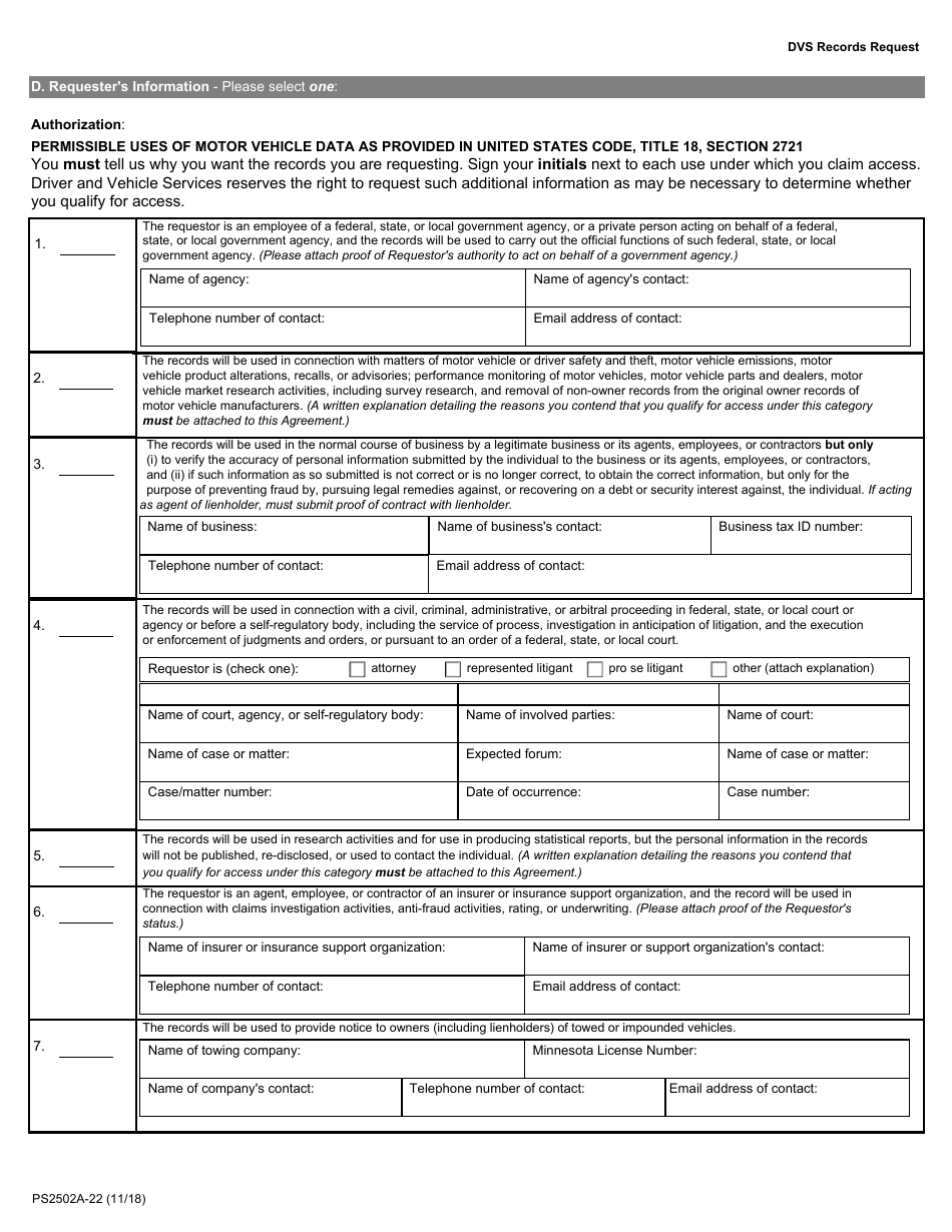 Form PS2502A-22 Dvs Record Request - Minnesota, Page 3