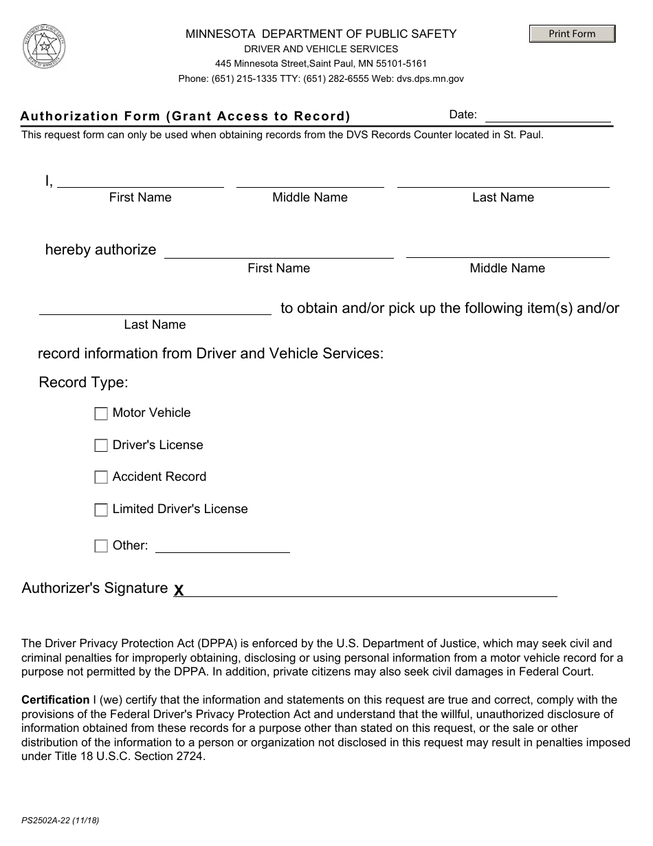Form PS2502A-22 Dvs Record Request - Minnesota, Page 6