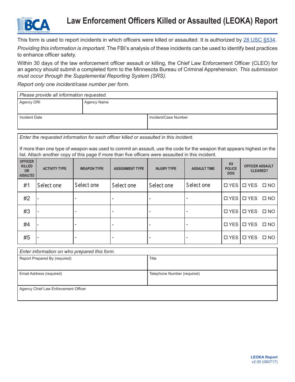 Law Enforcement Officers Killed or Assaulted (Leoka) Report Form - Minnesota, Page 1