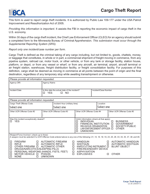 Cargo Theft Report Form - Minnesota Download Pdf