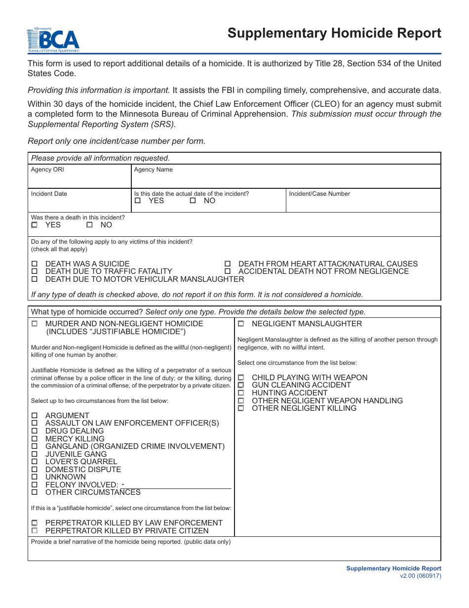 Supplementary Homicide Report Form - Minnesota, Page 1