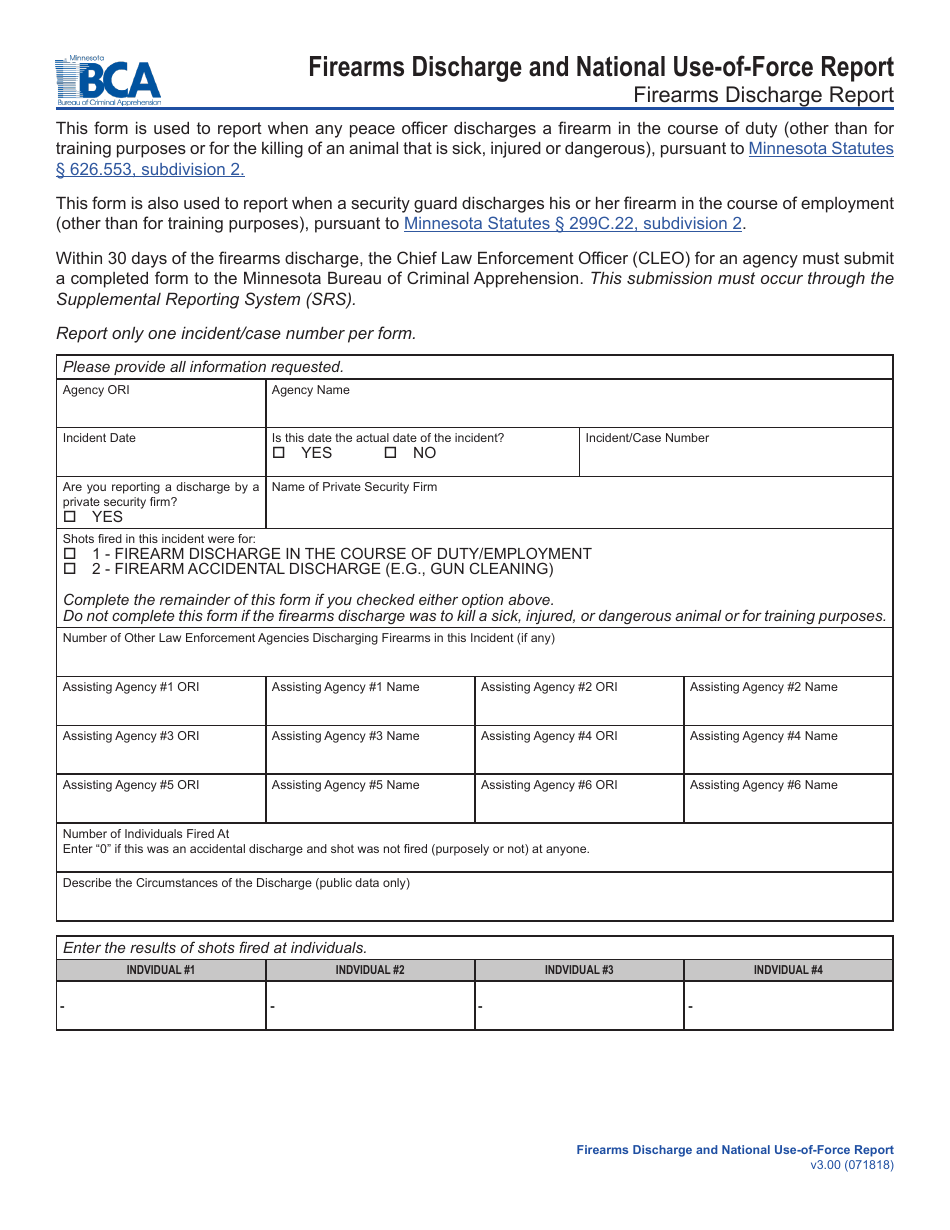 Minnesota Firearms Discharge and National Use Of Force Report Form Minnesota Firearms Discharge and National Use Of Force Report Form