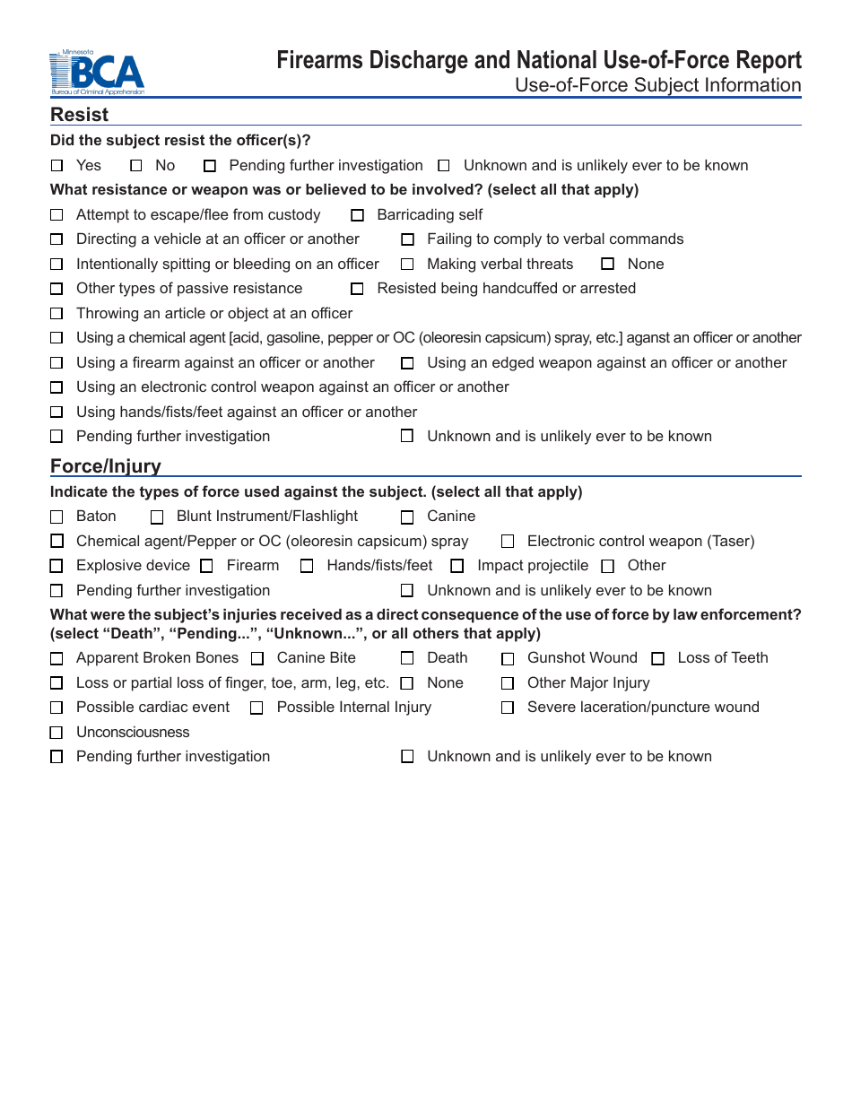 Minnesota Firearms Discharge and National Use-Of-Force Report Form ...