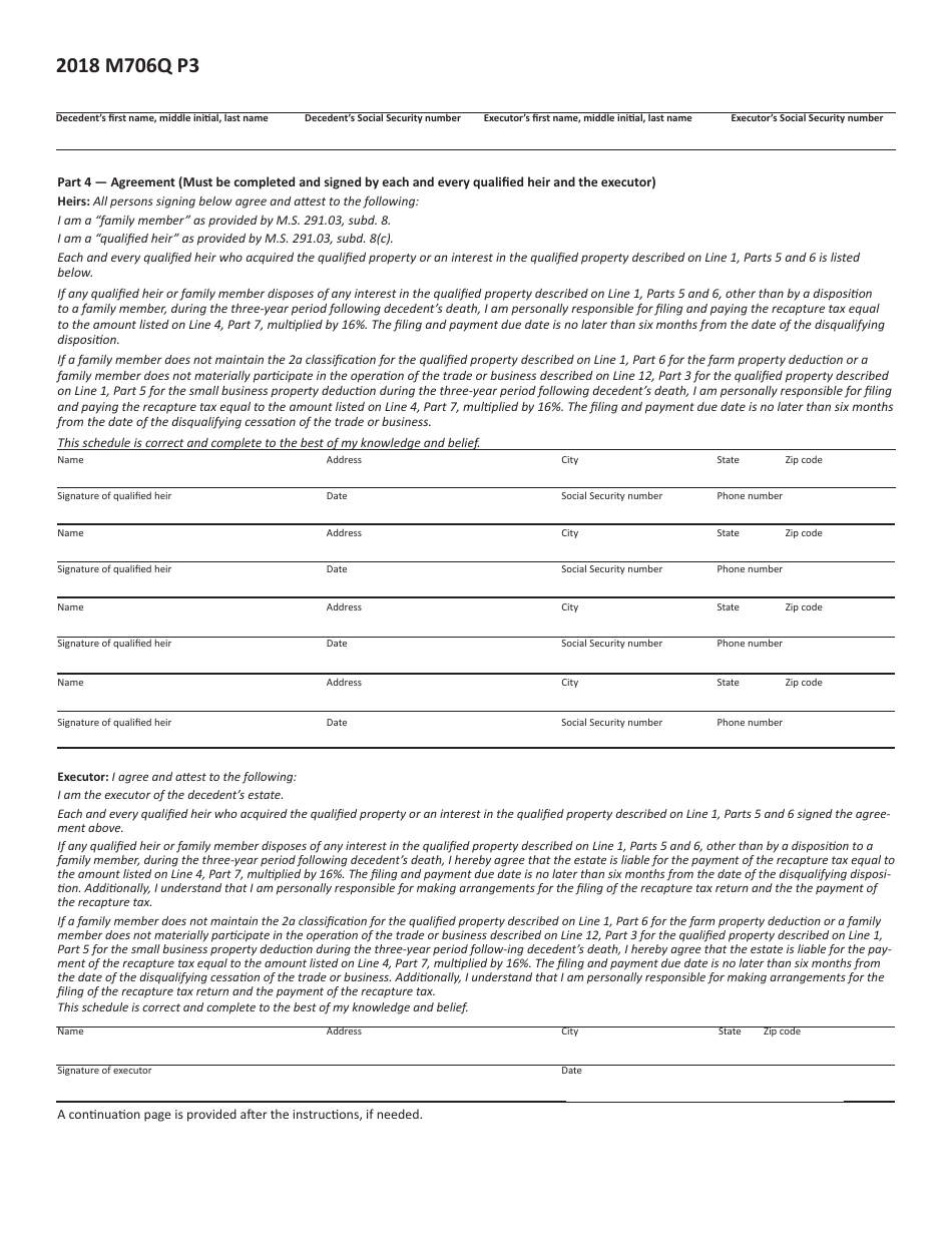 Form M706Q Election to Claim the Qualified Small Business and Farm Property Deduction - Minnesota, Page 3