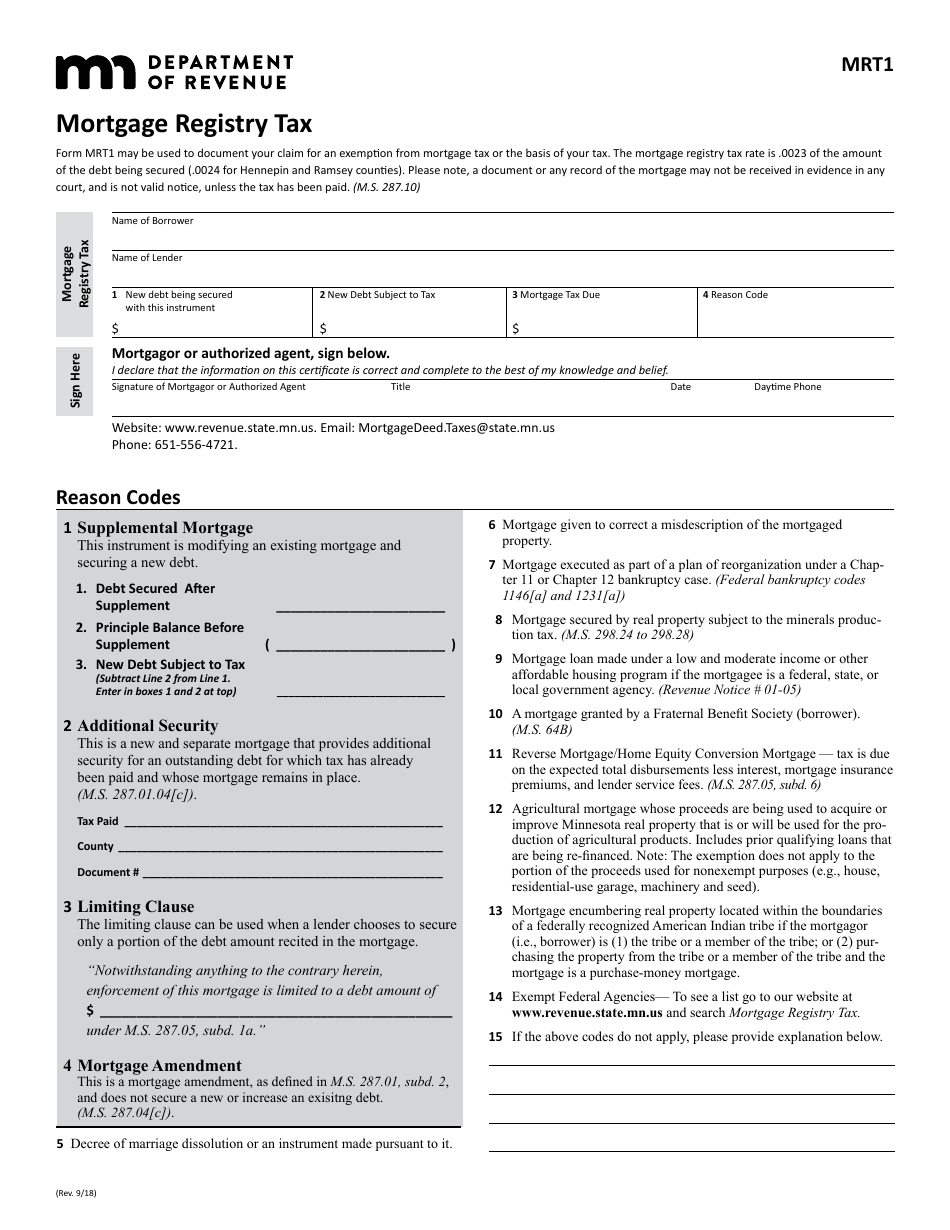 Form MRT1 Mortgage Registry Tax - Minnesota, Page 1