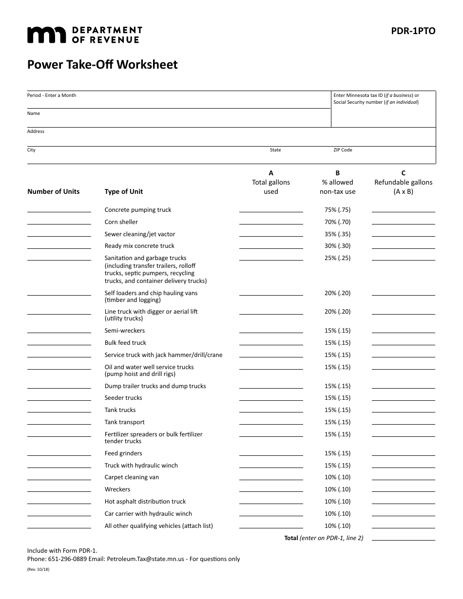 Form PDR-1PTO Power Take-Off Worksheet - Minnesota, Page 1