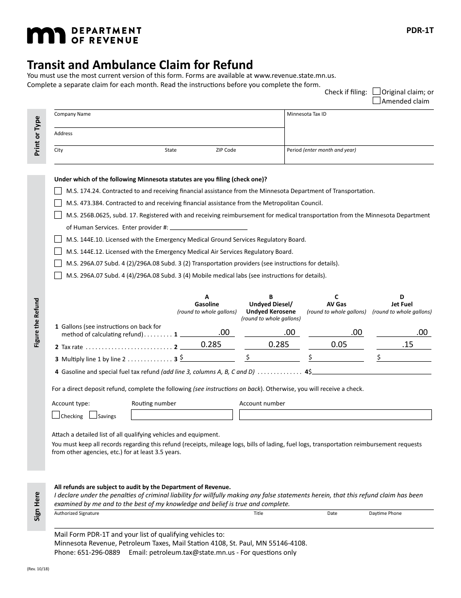 Form PDR-1T Transit and Ambulance Claim for Refund - Minnesota, Page 1