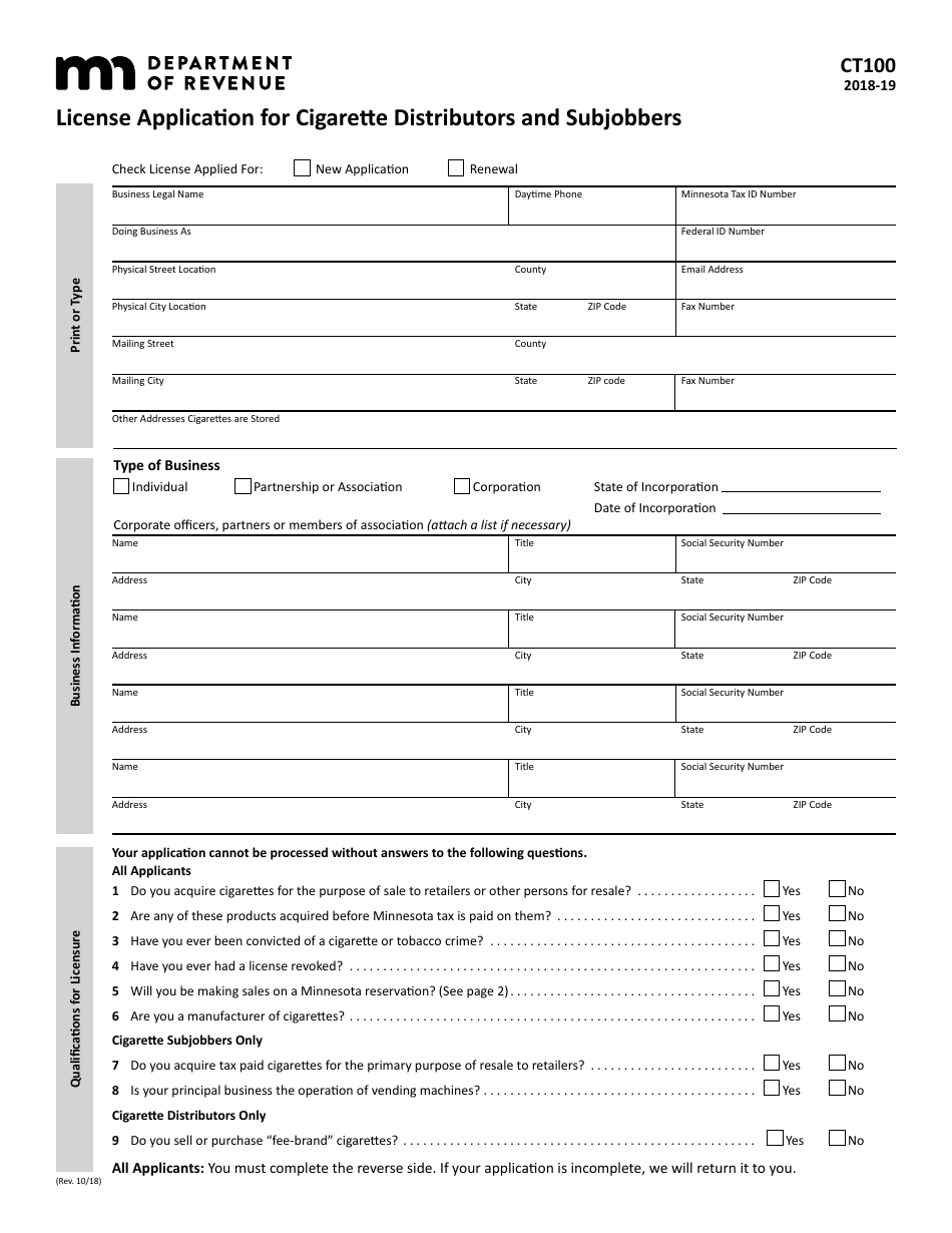 Form CT100 License Application for Cigarette Distributors and Subjobbers - Minnesota, Page 4