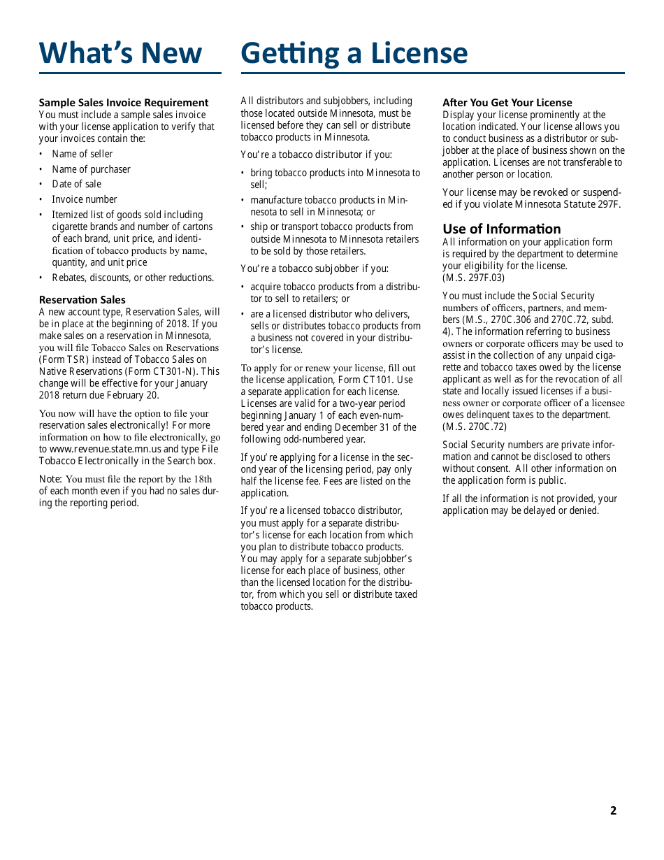 Form CT101 License Application for Tobacco Products Distributors and Subjobbers - Minnesota, Page 2