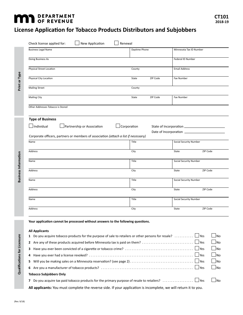 Form CT101 License Application for Tobacco Products Distributors and Subjobbers - Minnesota, Page 4