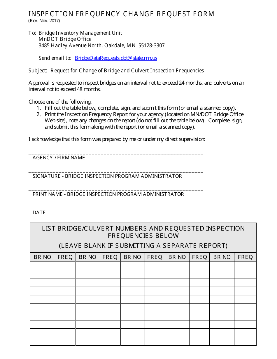 Inspection Frequency Change Request Form - Minnesota, Page 1