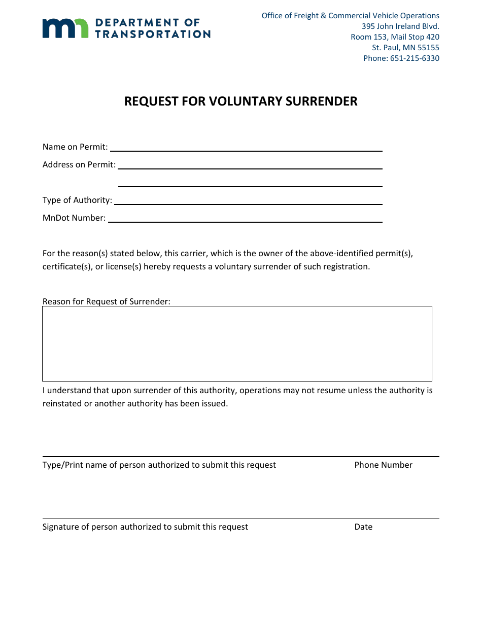 Request for Voluntary Surrender - Minnesota, Page 1