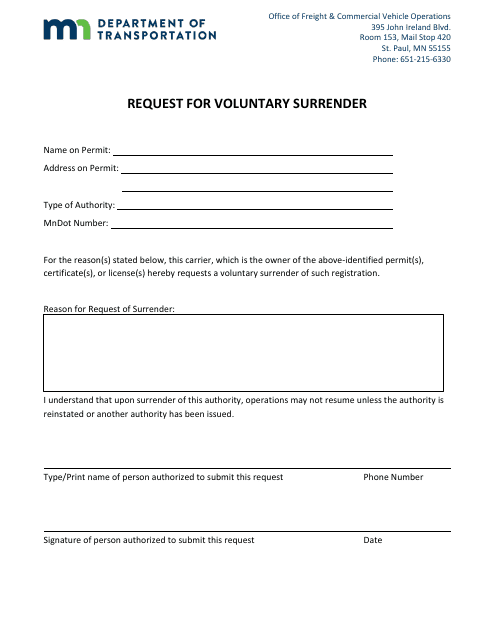Request for Voluntary Surrender - Minnesota